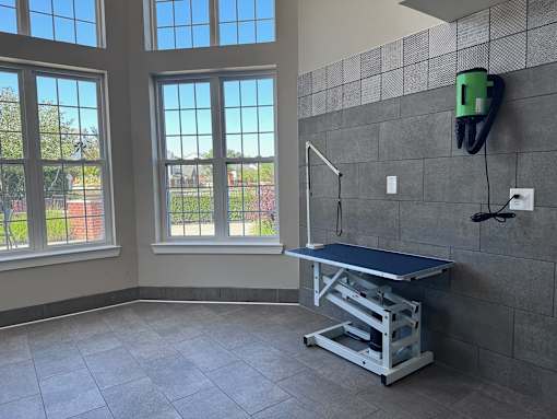 a treatment room with a table and a chair and three windows at Cidermill Village Apartments in Rochester Hills, MI 