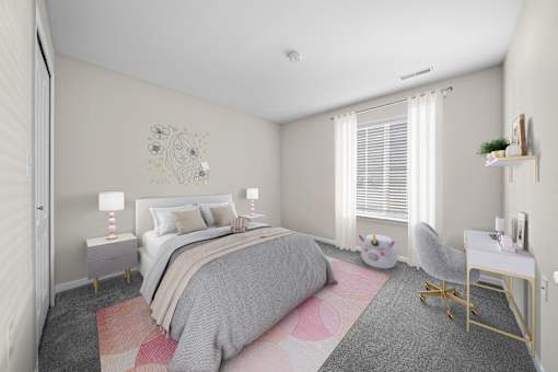 A bedroom with a large bed and a chair.