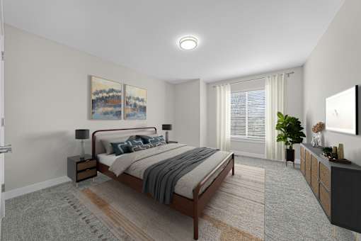 A bedroom with a bed, nightstand, and a painting on the wall at Amberly Apartments, West Bloomfield, 48322