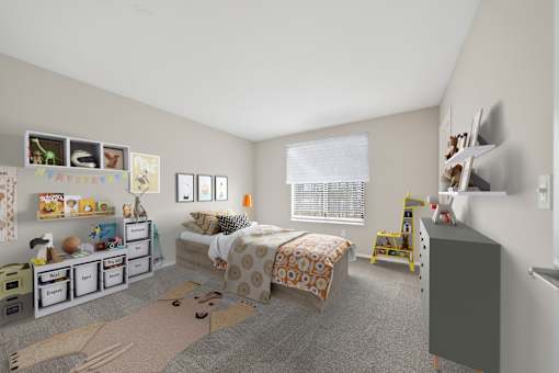 A child's bedroom with a bed, dresser, and toys.