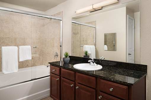 A bathroom with a black countertop and a white sink.