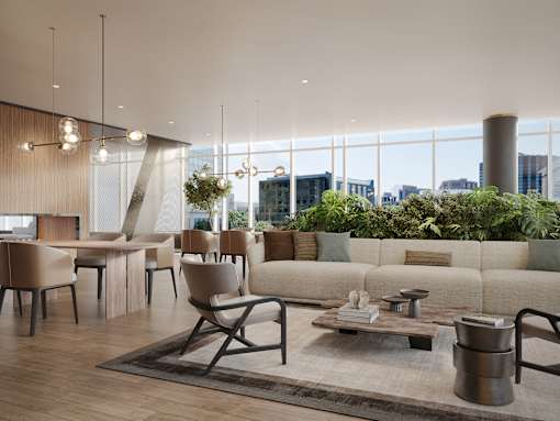 A modern living room with a large window overlooking the city.