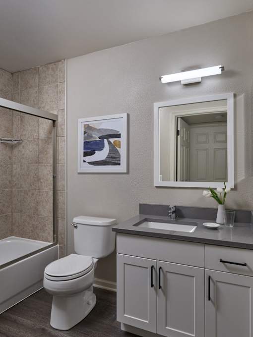 A bathroom with a toilet, sink, and a framed picture on the wall.