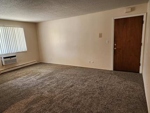 A room with a carpeted floor and a door.