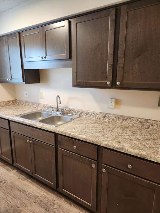 Brown cabinets with a granite countertop and a sink.