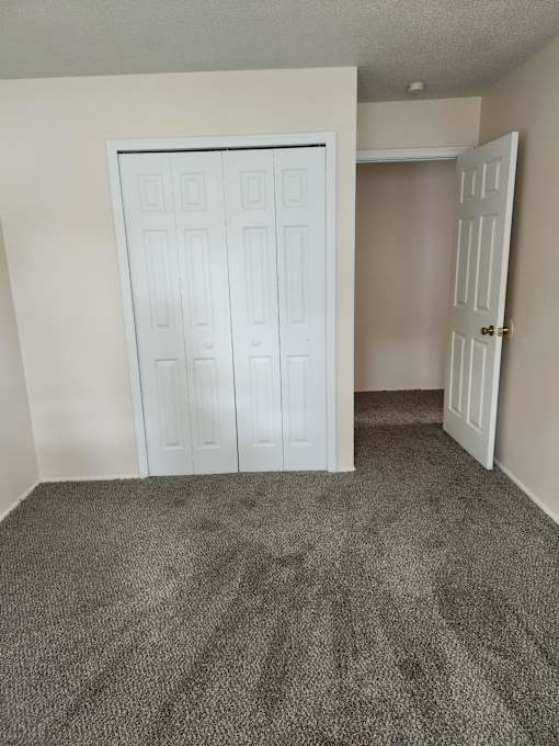 A room with a white door and carpeted floor.