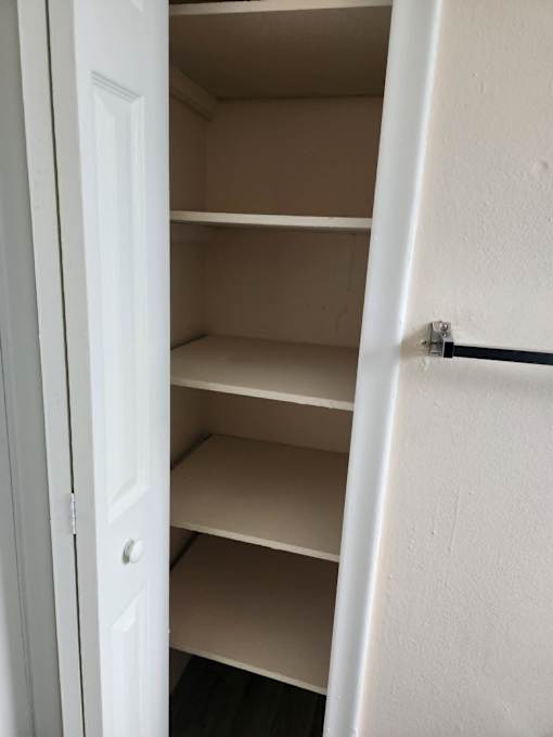 A white closet with shelves and a black handle.