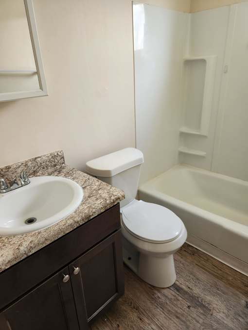 A white toilet sits next to a sink in a bathroom.