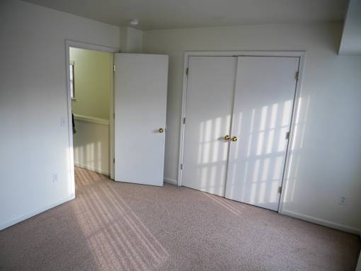 A room with two white doors and a carpeted floor.