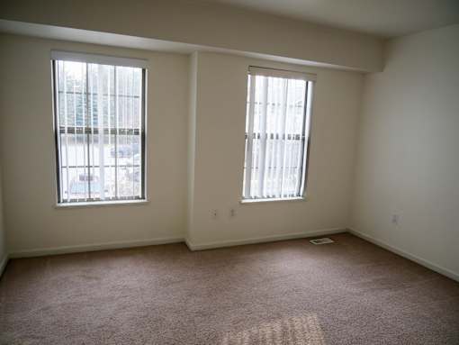 A room with two windows and carpeted flooring.