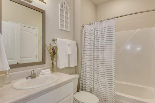 a bathroom with a shower and a sink and a mirror at The Vista Apartments & Townhomes, Warrenville, SC