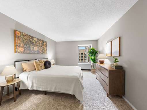 A bedroom with a large bed, a nightstand, and a plant.