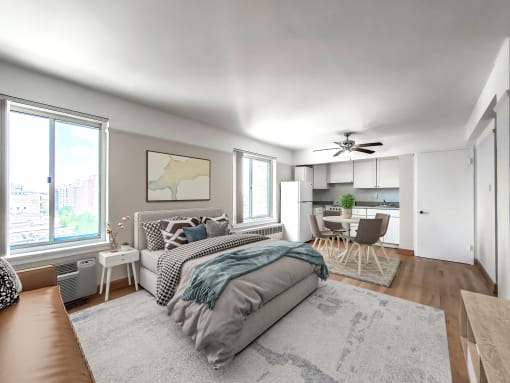 a bedroom with a bed and a ceiling fan