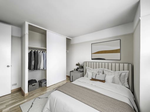 a bedroom with a bed and a closet