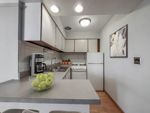 a kitchen with white cabinets and a bowl of green apples on the counter
