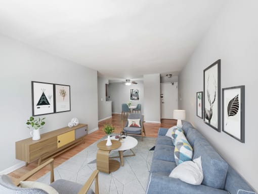a living room with white walls and a blue couch