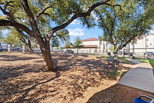 a park with trees and a sidewalk in front of a building