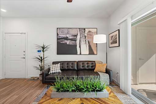 a living room with a couch and a planter in the middle