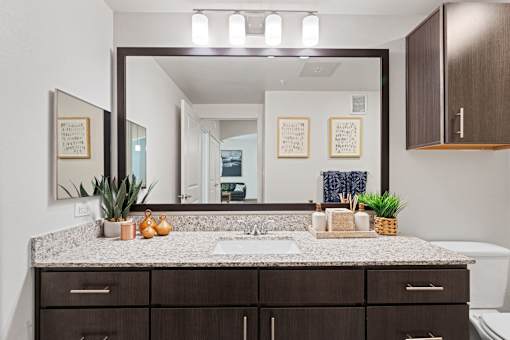 view of bathroom sink and mirror at the district flats apartments in lenexa