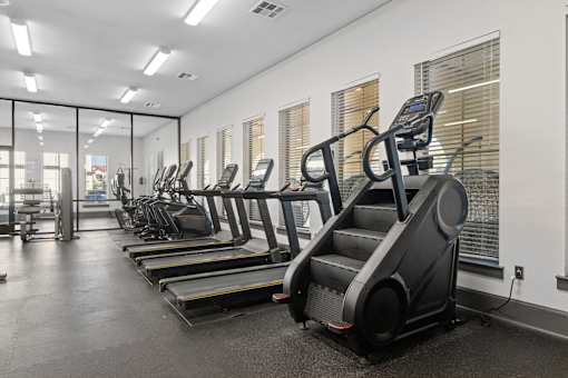 a row of cardio equipment in a fitness room with cardio machines