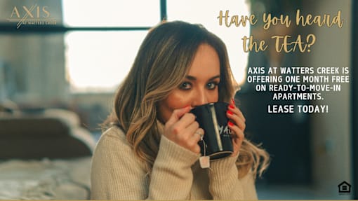 A woman holding a coffee mug with text about a free month lease offer from Axis at Watters Creek.