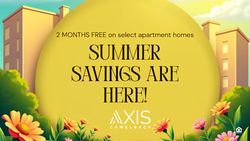 A promotional image for Axis Calaback advertising summer savings on select apartment homes.