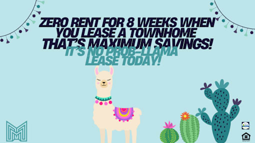 A promotional image for a zero-rent offer for 8 weeks when leasing a townhome.