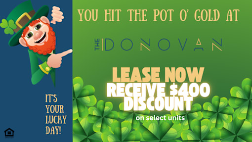 A leprechaun is pointing to a $400 discount offer.