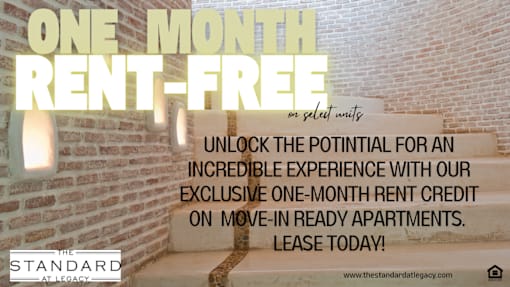 An advertisement for a one-month rent-free credit offer from The Standard at Legacy.