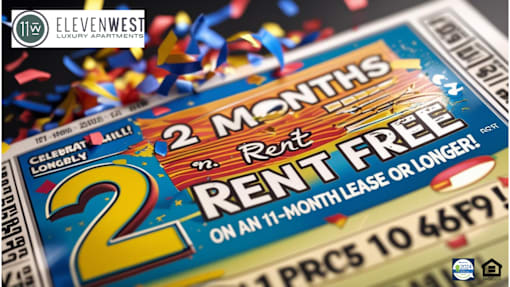 A promotional card for a 2 month rent free offer from Elevenwest Luxury Apartments.