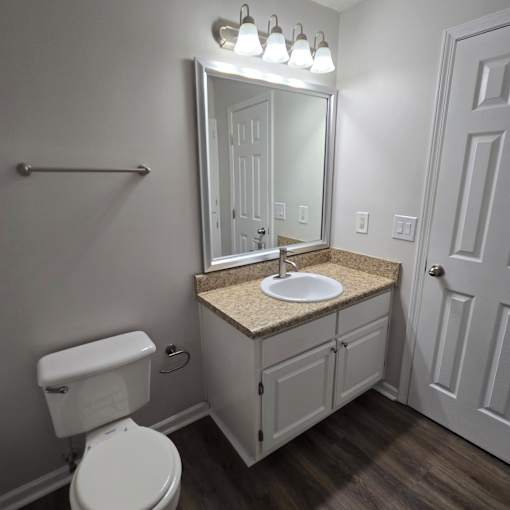 A bathroom with a toilet, sink, mirror, and wooden floors.