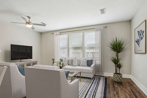 A living room with a television, couch, and a plant at Highline Urban Lofts Apartments, Texas