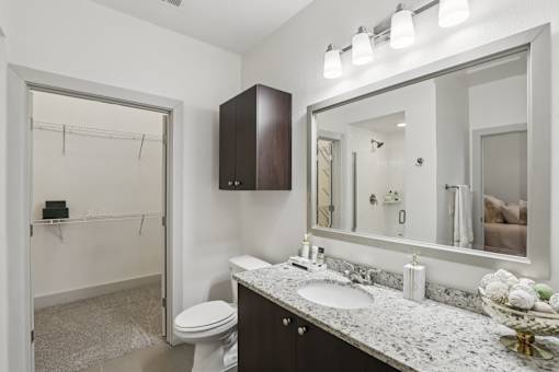 A bathroom with a toilet, sink, and mirror at Everra Midtown Park Apartments, Dallas, TX