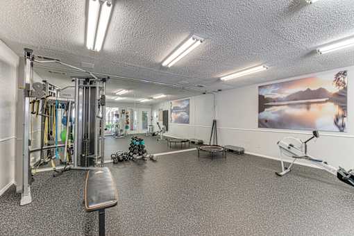 A gym with a variety of equipment including a treadmill, weights, and a bench press.