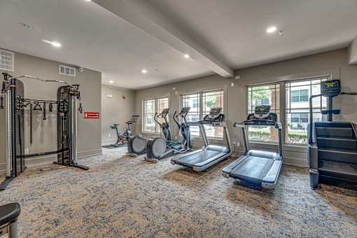 A gym with treadmills, elliptical machines, and other exercise equipment.