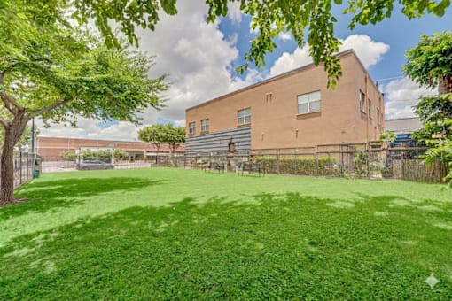 Courtyard with green lawn and mature trees at Vue Live Oak Apartments, Dallas