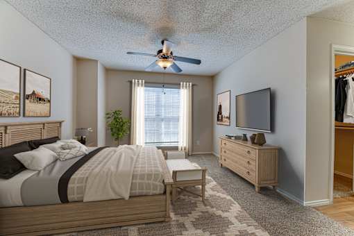 Bedroom with Dresser at Hunters Hill Apartments, Dallas, 75287