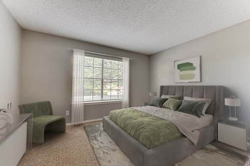 Bedroom With Expansive Windows at The Manhattan Apartments, Dallas, TX, 75252