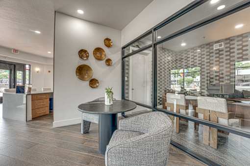 Modern leasing office with decorative wall art at The Montrose Apartments, Dallas, 75204