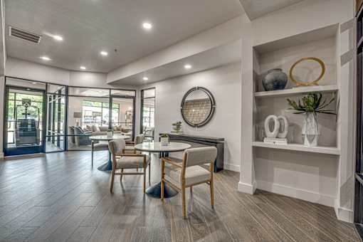 Resident dining area with built in shelving at The Montrose Apartments, Dallas, TX 75204