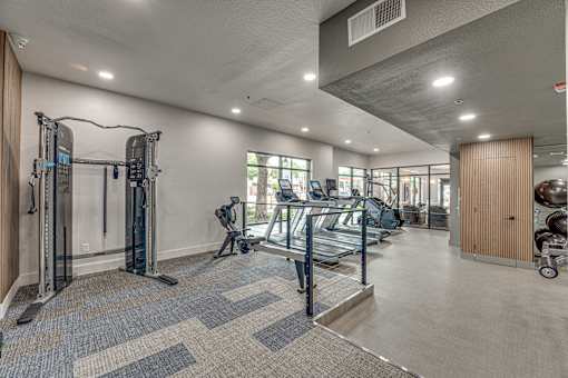 Fitness center with cardio machines and strength equipment at The Montrose Apartments, Dallas, Texas