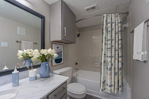 A bathroom with a white toilet, a sink, a mirror, and a shower.
