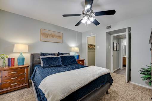 nightstand, and a ceiling fan in bedroom at Southern Oaks, Texas, 76132