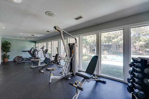 gym with dumbbell at Southern Oaks, Fort Worth, TX 76132  