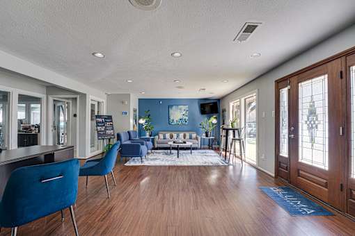 Wooden floor with blue chairs at Southern Oaks, Fort Worth  