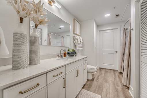 A white bathroom with a vanity and a toilet.