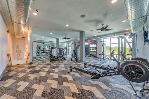 A room with a treadmill and a fan.