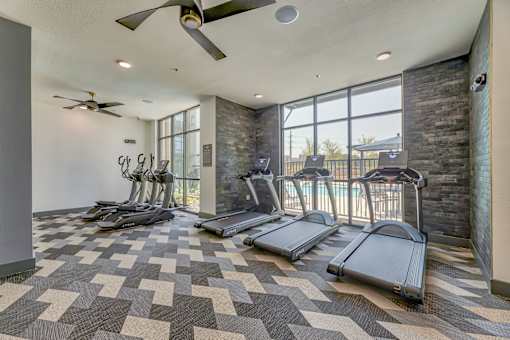 A gym with treadmills and a fan.