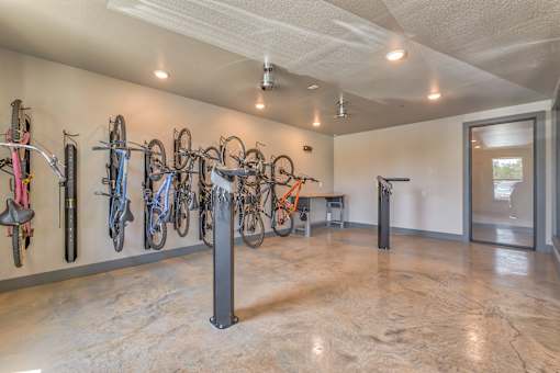 A room with a wall of bicycles and a bench.