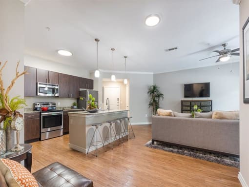 Living Room With Kitchen View at Delray Apartments, Houston, TX